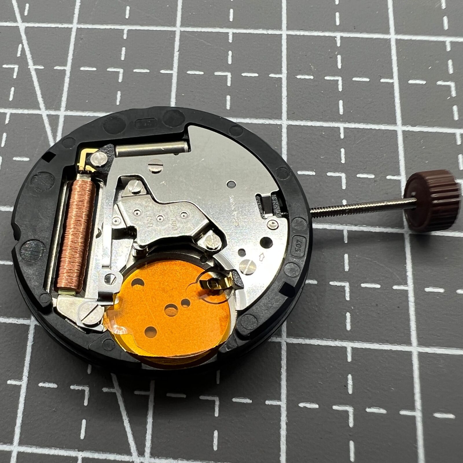 Ronda 507 quartz watch movement with English markers, Swiss precision for accurate timekeeping.