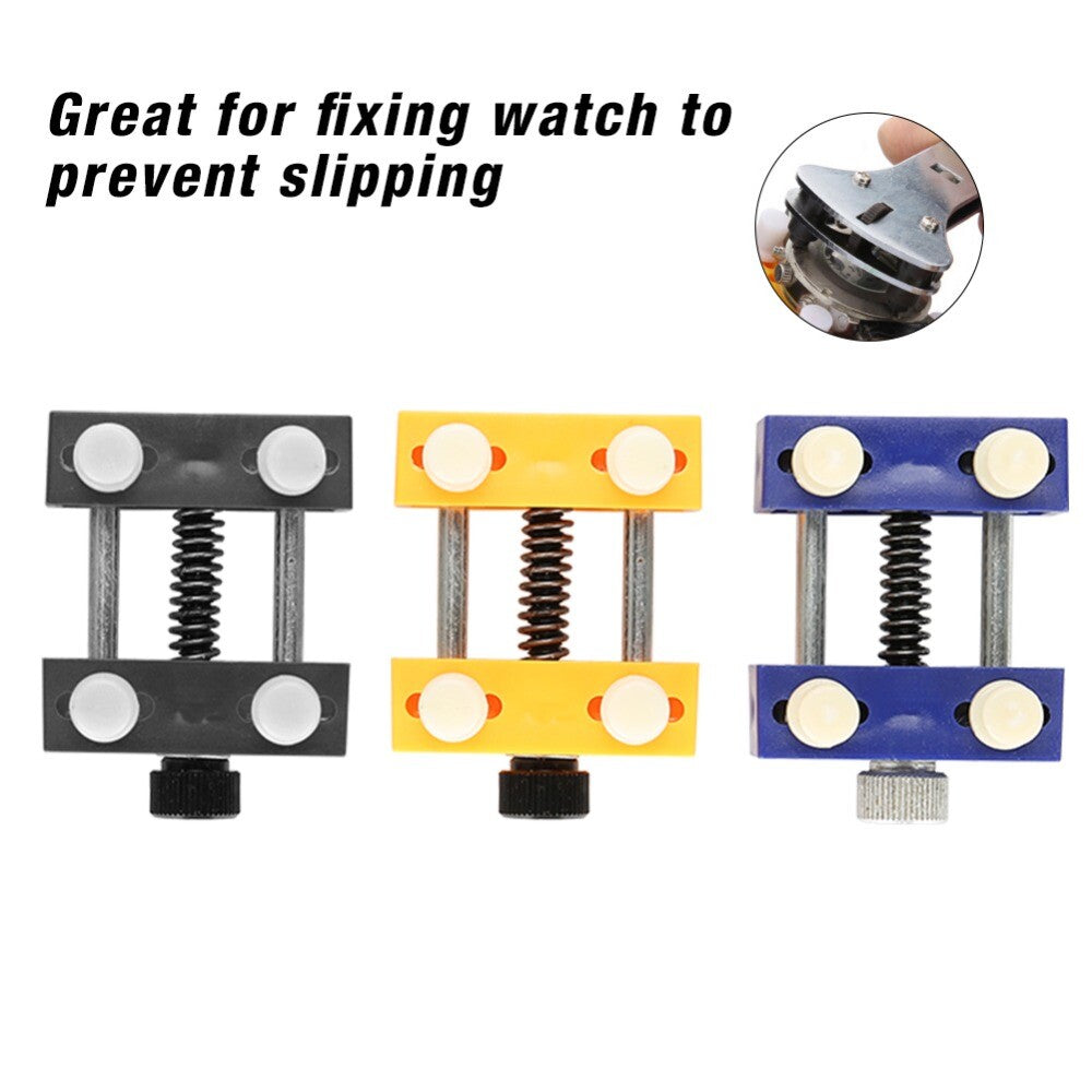 Adjustable watch back case opener tool with holder for precise cover removal.