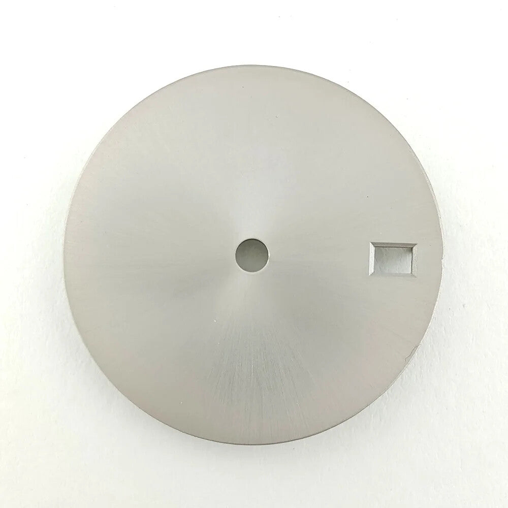 28.5mm solid color watch dial, metal design, no lume, fits NH35 movement, sleek accessory.