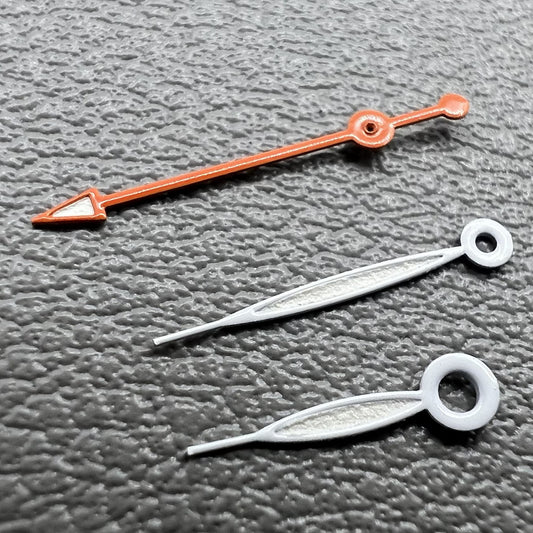 Set of 15mm orange and white painted watch hands for Miyota 2035, 2115