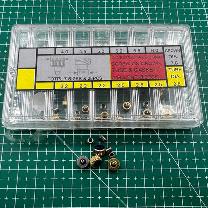 Wholesale stainless steel watch crown with silver and golden finish, screw-on tube and gasket, durable brand accessory.