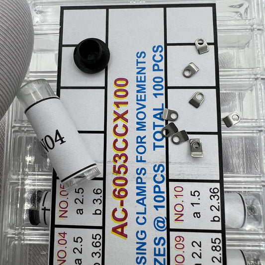 Set of 100 casing clamps for watch movements, 10 sizes, durable and precise.