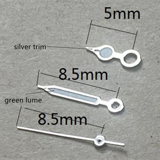 Green lume watch hands with silver trim for Miyota 1M12 movement, precision-crafted