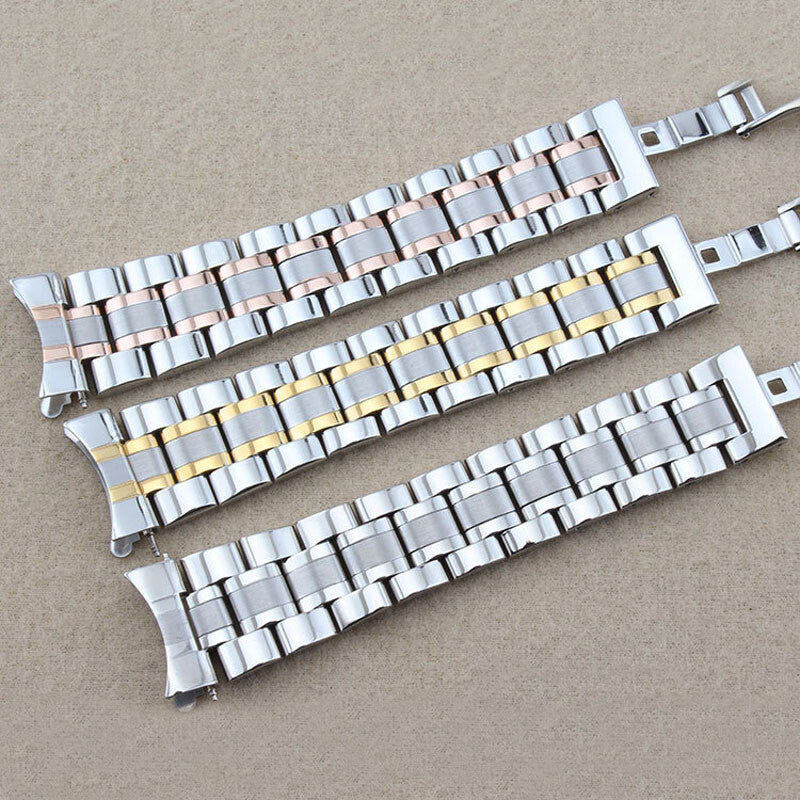 Curved end stainless steel watch band 12mm-24mm with butterfly clasp, durable strap for elegant timepieces.