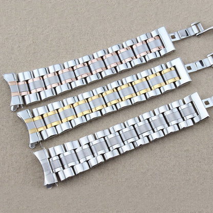 Curved end stainless steel watch band 12mm-24mm with butterfly clasp, durable strap for elegant timepieces.