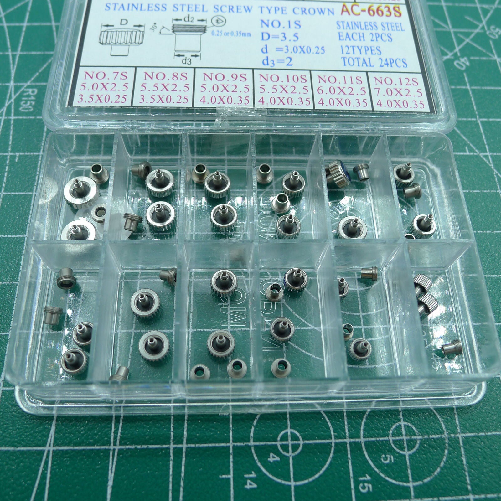 AC-663S stainless steel screw crown set, 24pcs for precise watch timepiece repair and maintenance.
