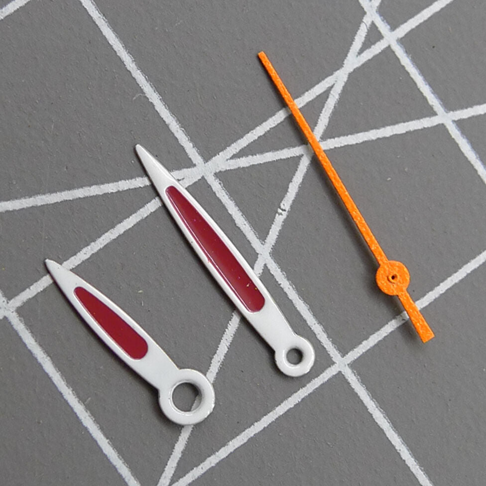 Purple painted watch hands for Miyota 2035 quartz movement, precise fit and vibrant color.