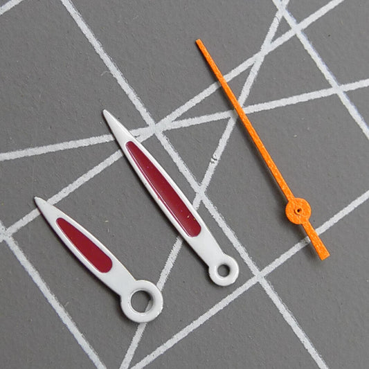 Purple painted watch hands for Miyota 2035 quartz movement, precise fit and vibrant color.