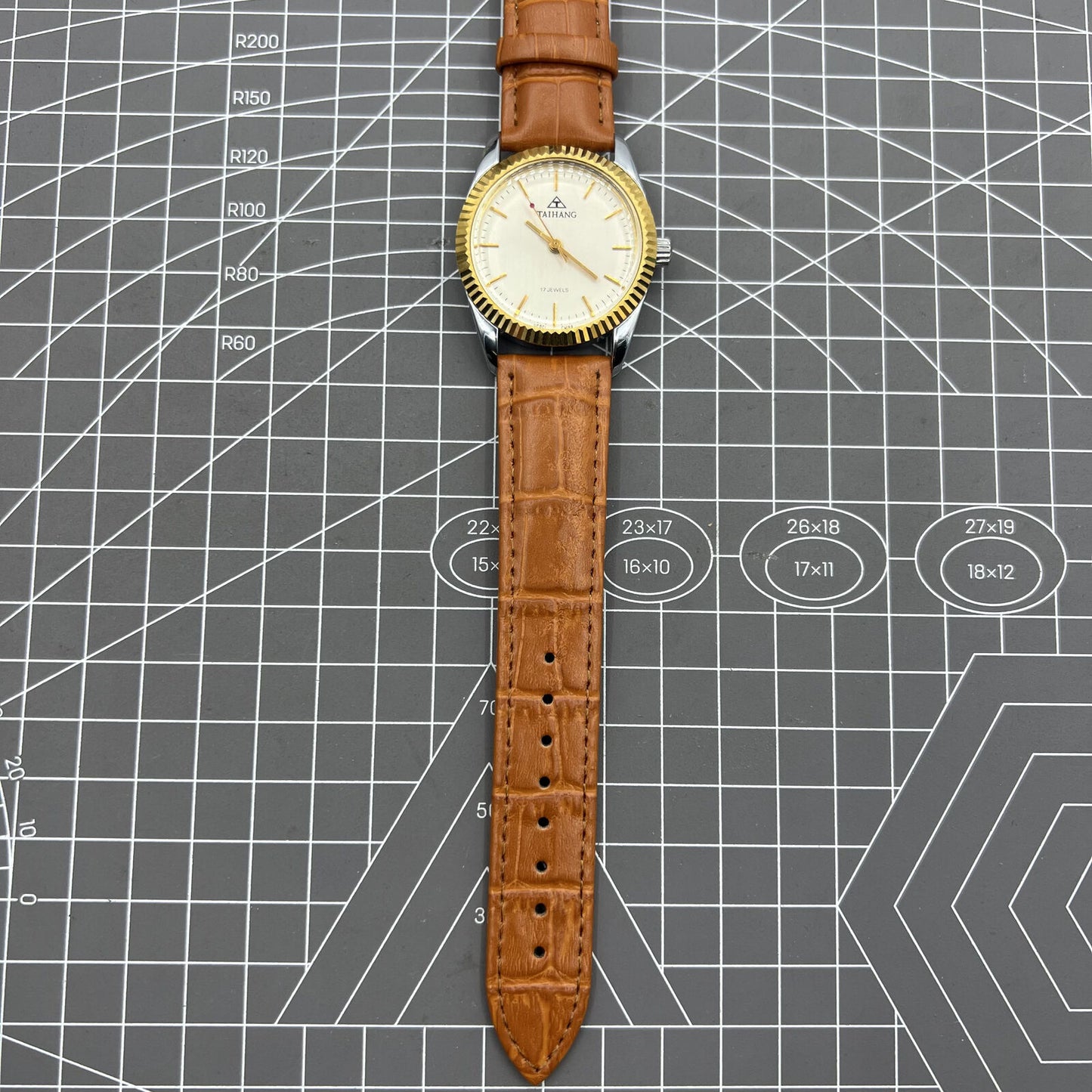 TAIHANG 38mm manual mechanical watch with silver dial, gold hour markers, round case, 17 jewels for precision.