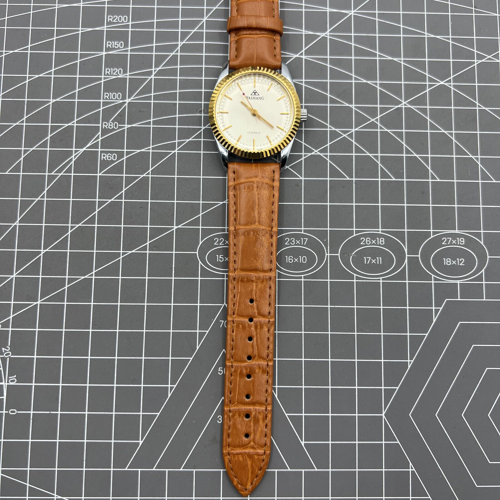 TAIHANG 38mm manual mechanical watch with silver dial, gold hour markers, round case, 17 jewels for precision.