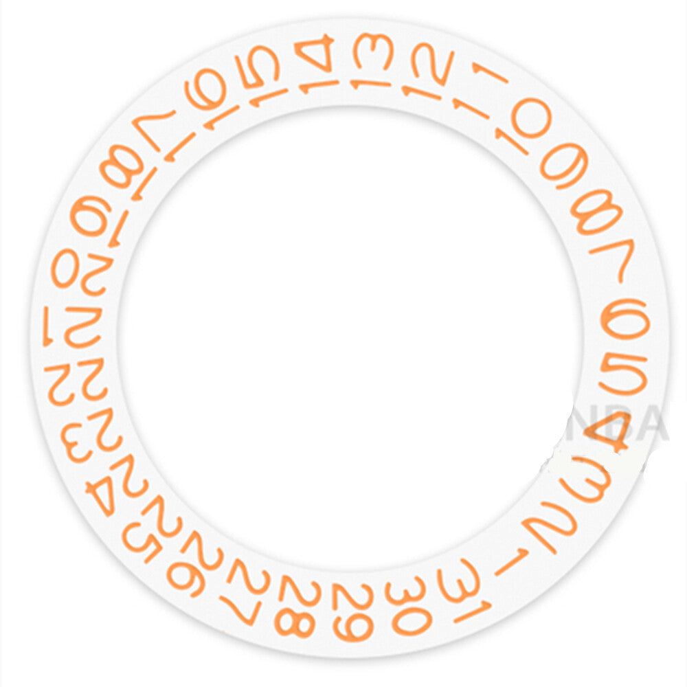 Orange date disk wheel for Miyota NH35 NH36 watch movement, date shown at 3 o'clock position, white background.