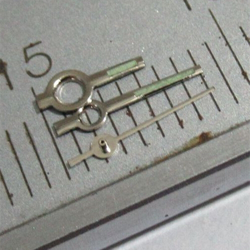 Green lume square pointed watch hands with silver trim, compatible with Miyota 2035, 2115, 2105, 2305 movements.