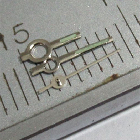 Green lume square pointed watch hands with silver trim, compatible with Miyota 2035, 2115, 2105, 2305 movements.