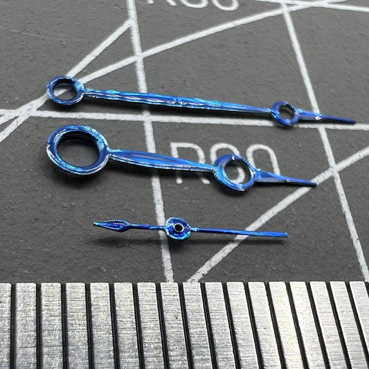 Navy blue No Lume watch hands by Seagull for ST3600/ST3621 and ETA6497/6498 movements, precise fit.