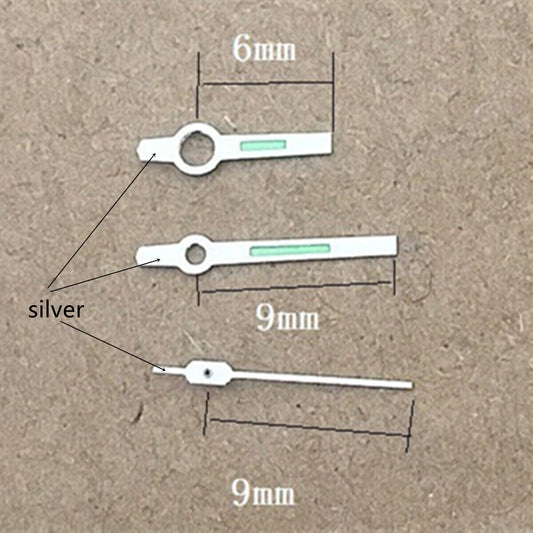 9mm square pointed green luminous watch hands for Orient 46941 46943 movement, enhancing readability.