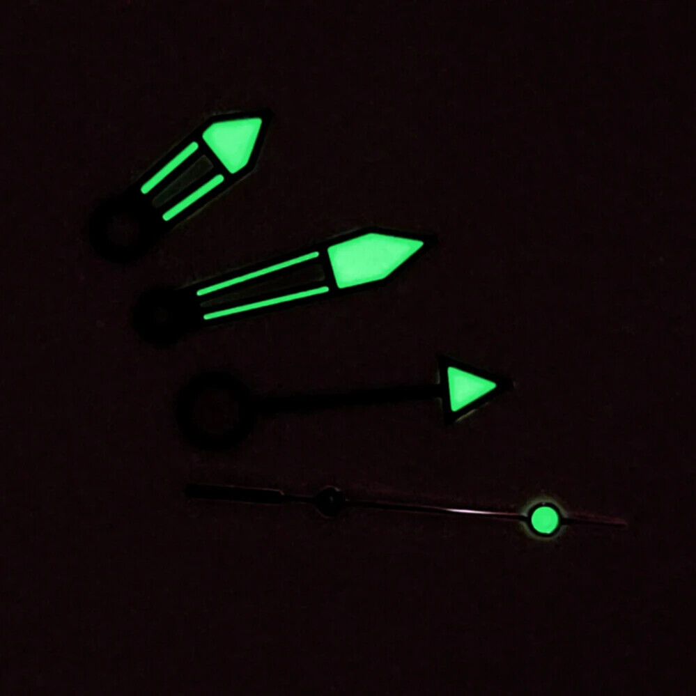 Green luminous watch hands with black trim for NH34 GMT movement, enhancing nighttime readability.