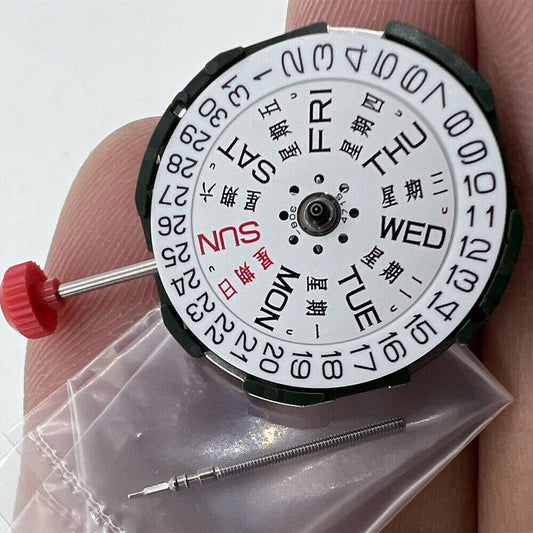 Miyota 2105 quartz movement with 3 hands, day date feature, and watch stem for accurate timekeeping.