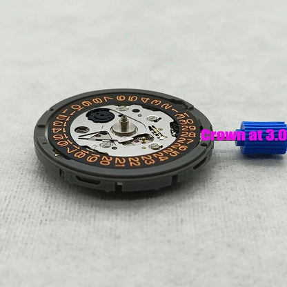 NH35 automatic watch movement with black dial, orange numerals, date display, and 3 o'clock crown.