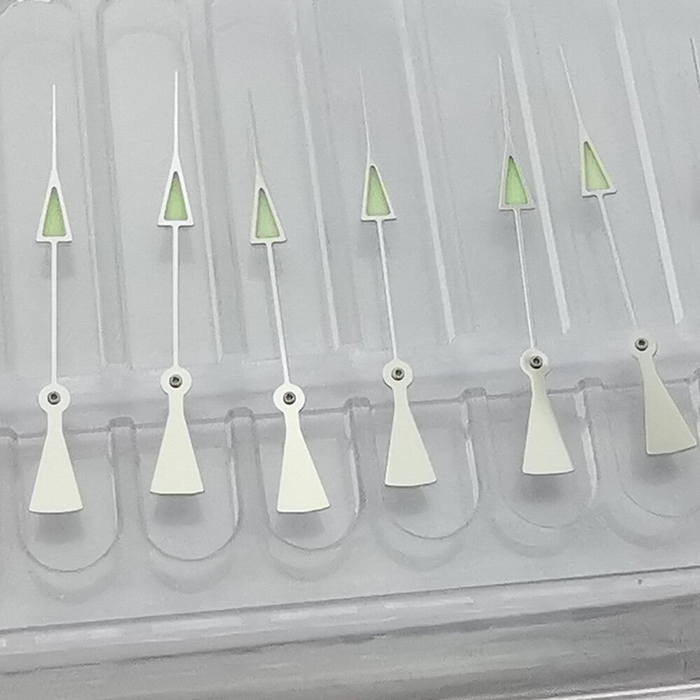Green luminous watch hands set by P1-5-A for SKX/SBBN with NH35A/NH36 movement, ideal upgrade accessory.