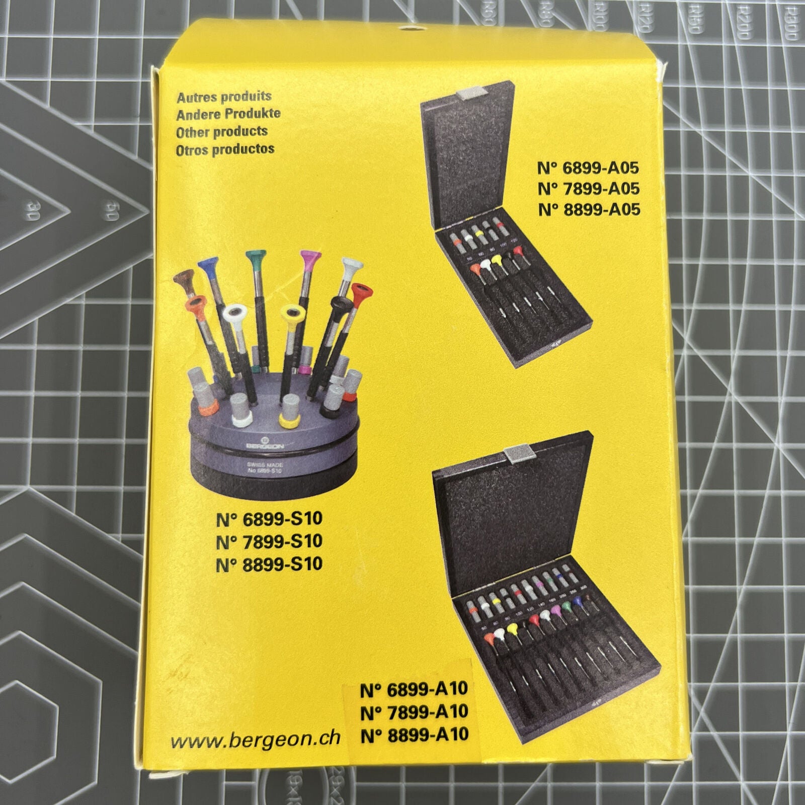 Bergeon 6899-S09 stainless steel ergonomic screwdriver set with 9 precision tools for watch repair.