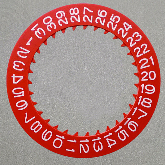 White font red date disk wheel for NH36 NH35 watch movement, date at 3 o'clock, Crown Position 3.8, Seiko compatible.