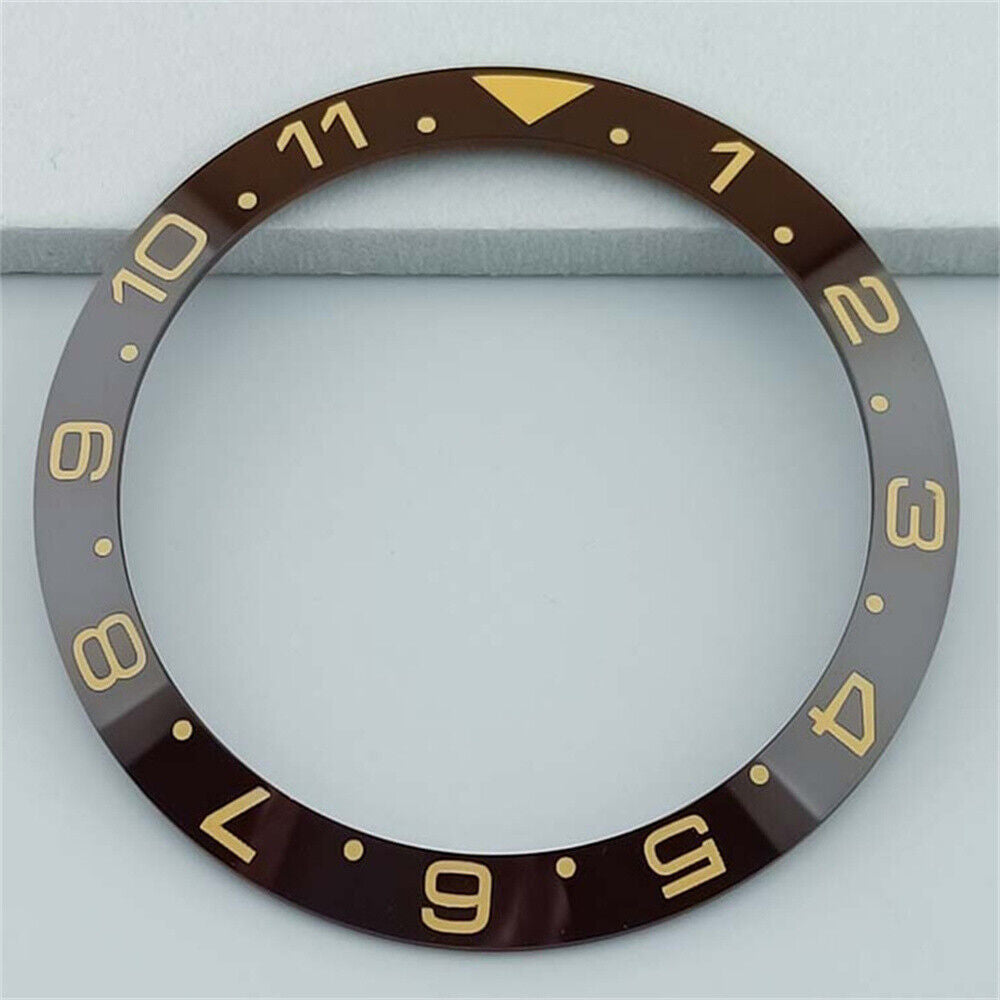 Ceramic 38mm brown GMT bezel ring with white and gold font, fits SUB watches.