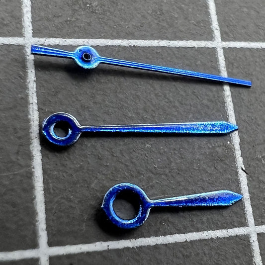 Blue 9mm arrow-shaped watch hands by Miyota, no lume, designed for quartz movement #3.
