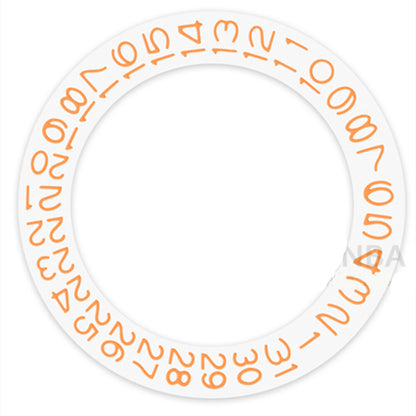 Orange date disk wheel for Miyota NH35 NH36 watches showing date at 3 o'clock position.