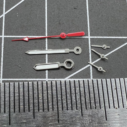 Set of 12mm watch hands with silver trim, red second hand, and green luminous for Miyota 0S10.