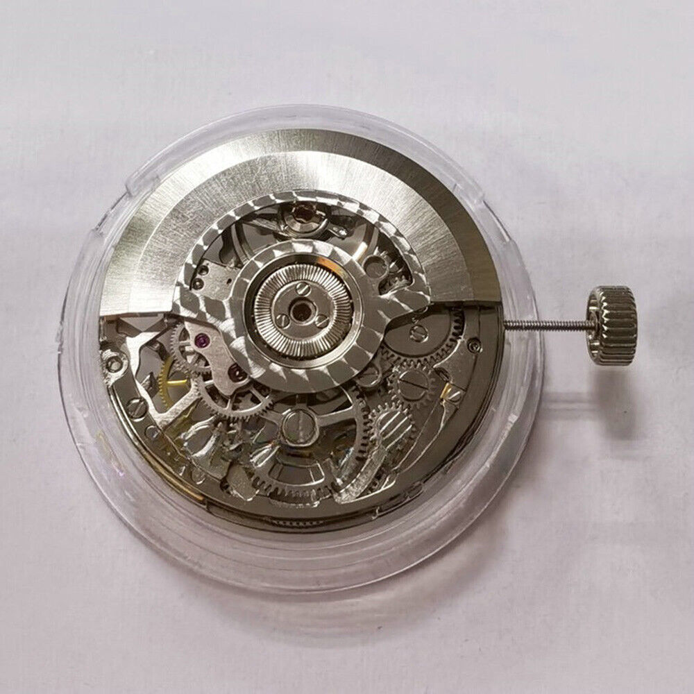 Tianjin Seagull ST25 silver hollow automatic watch movement showcasing precise mechanical craftsmanship.