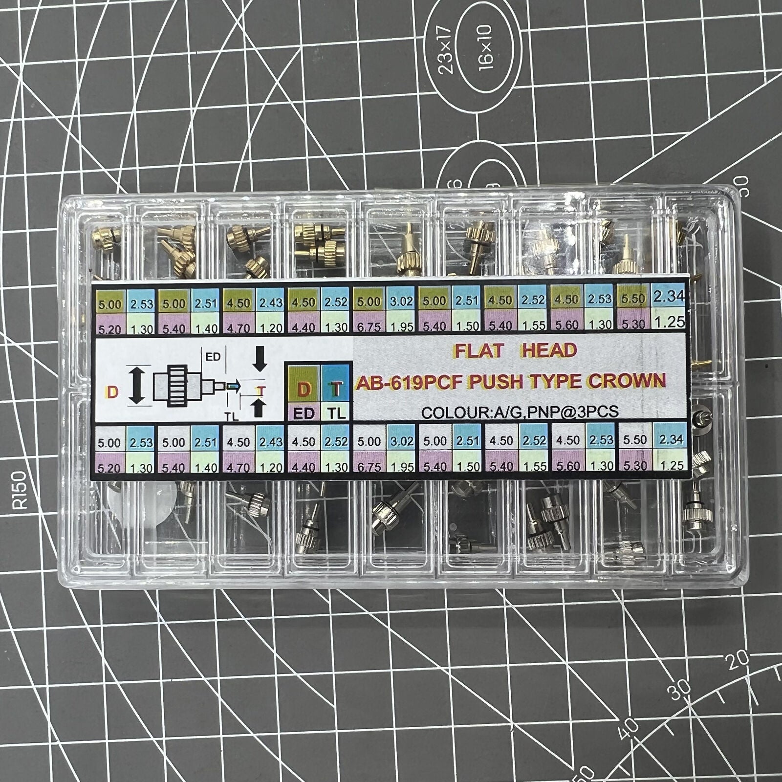 Set of 54 AB-619PCF watch crown chronograph pushers, flat head design for precise button repair.