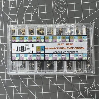 Set of 54 AB-619PCF watch crown chronograph pushers, flat head design for precise button repair.