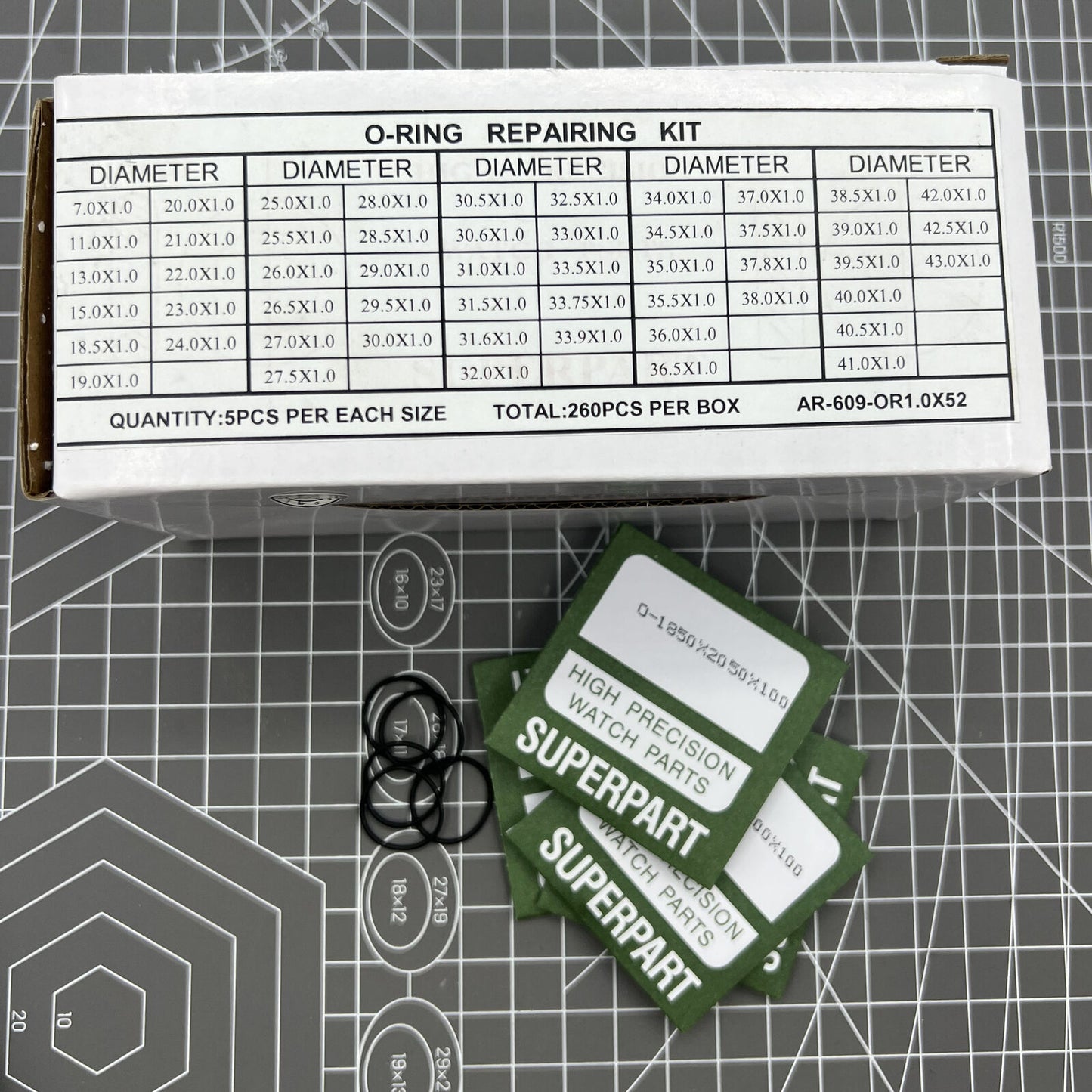 Kit de joints toriques étanches pour fond de montre, épaisseur 1,0 mm, 52 tailles, 260 pièces