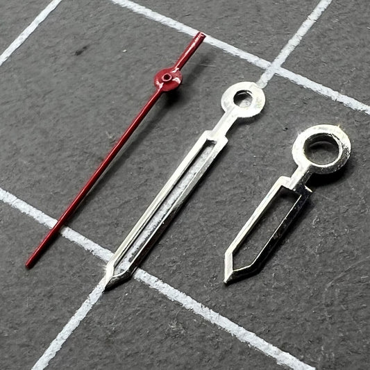 Red second watch hands set for Miyota 2035 movement, sizes 16mm, 13mm, and 9mm, precision fit.