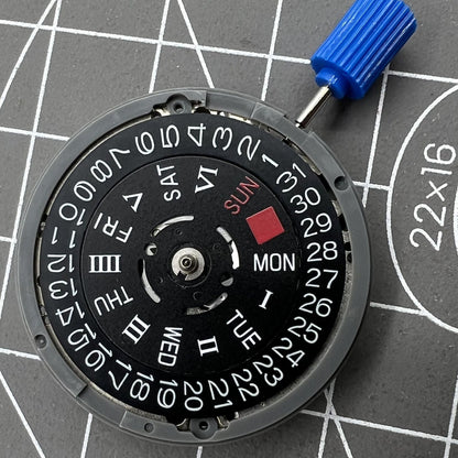 Black NH36A automatic mechanical movement with Roman wheel crown at 3 o'clock.