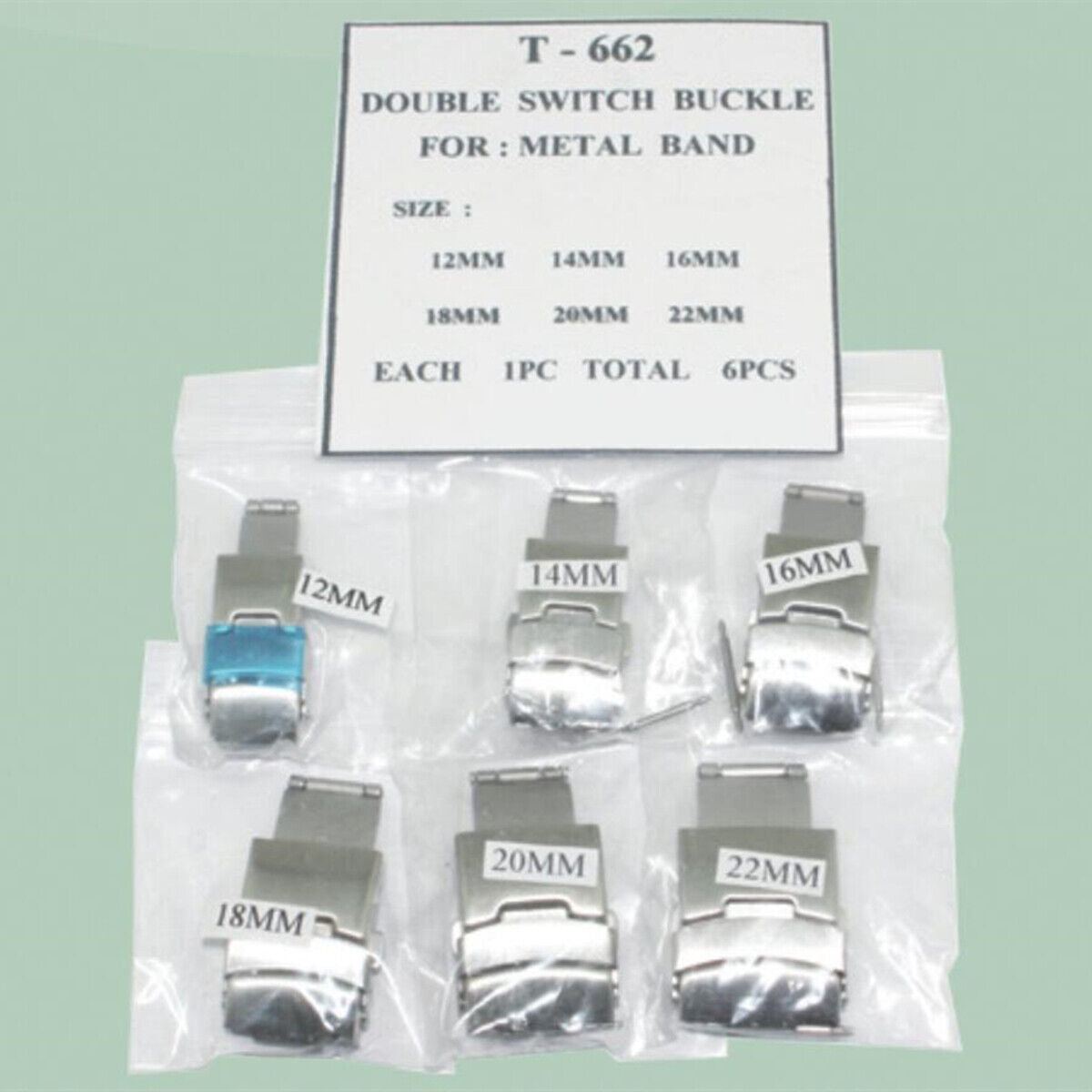 Set of 6 Double Switch Buckles (12-22mm), ideal for metal watch bands and versatile watch repairs.