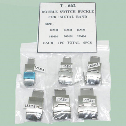 Set of 6 Double Switch Buckles (12-22mm), ideal for metal watch bands and versatile watch repairs.