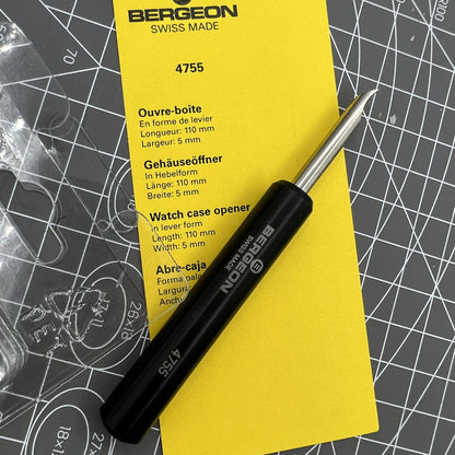 Swiss Bergeon 4755 watch opener tool for precise case back removal; durable pry-type accessory for watch repair.