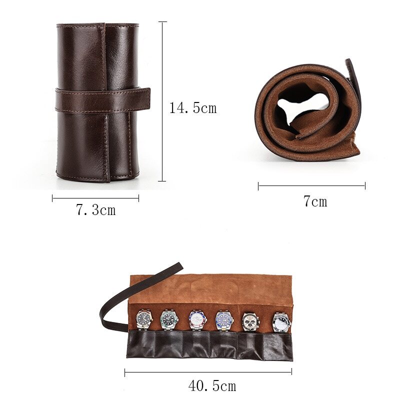 Handmade leather watch box with 6 slots, portable roll pouch ideal for men's travel storage