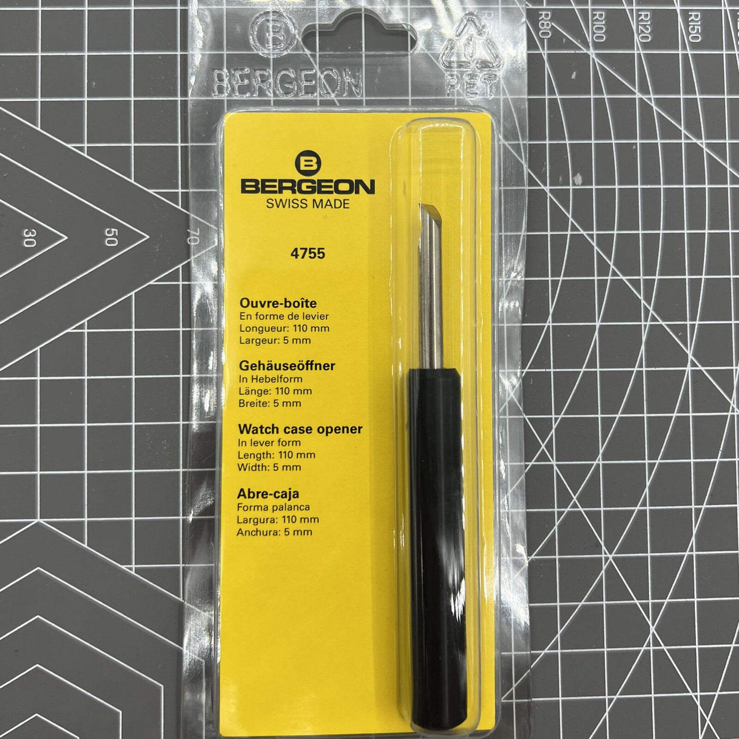 Swiss Bergeon 4755 watch opener tool for precise case back removal; durable pry-type accessory for watch repair.