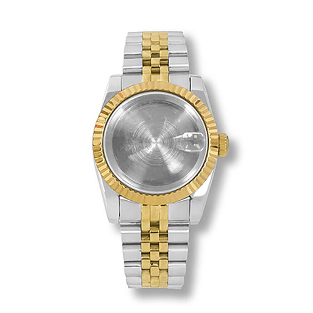 36mm stainless steel watch case with strap, compatible with NH35/NH36 movement, durable and sleek design.