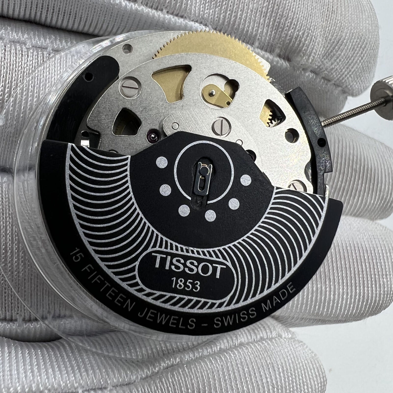 Swiss Made ETA C01.211 chronograph watch movement with 1853 black dial for precision timekeeping.