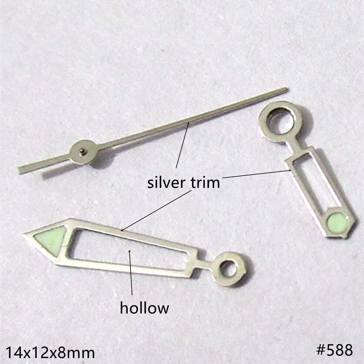 14mm hollow silver trim green lume watch hands set for Miyota 2035 movement