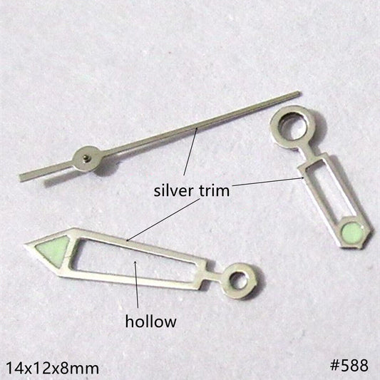 14mm hollow silver trim green lume watch hands set for Miyota 2035 movement