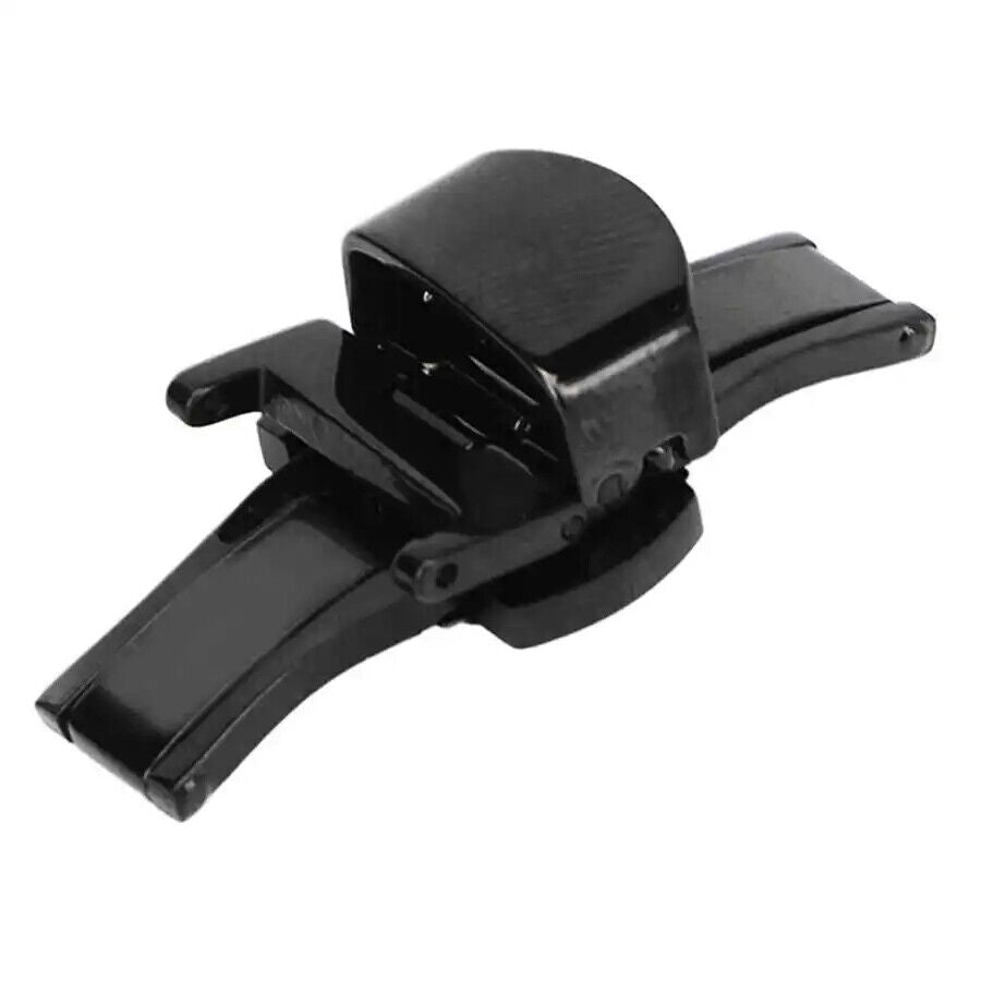 Black stainless steel double push button clasp buckle, ensuring secure fit for watch straps.