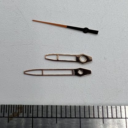 Rose gold 13mm hollow watch hands with trim, compatible with Miyota 2315 and 2035 movements, luxury detail.