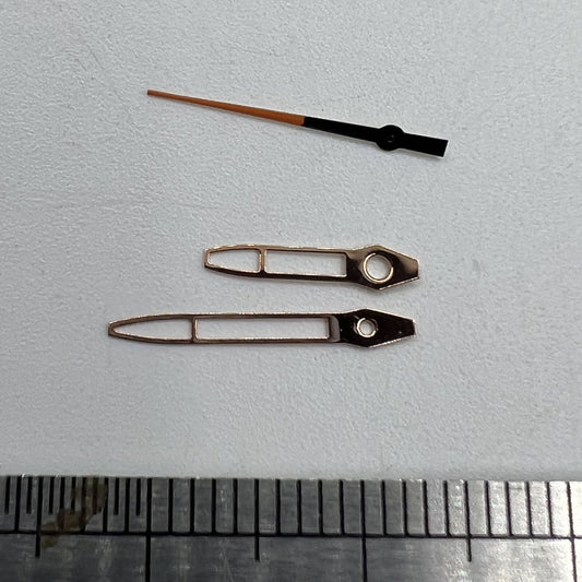 Rose gold 13mm hollow watch hands with trim, compatible with Miyota 2315 and 2035 movements, luxury detail.