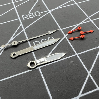 Silver-trimmed green luminous pointed watch hands for Miyota 0S10, precise stylish upgrade.