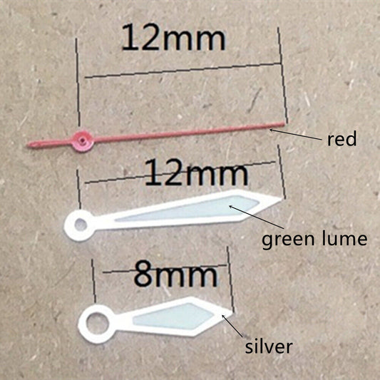 Aiguilles de montre luminescentes vertes et rouges, garniture argentée de 12 mm, pour mouvement Miyota 1M12