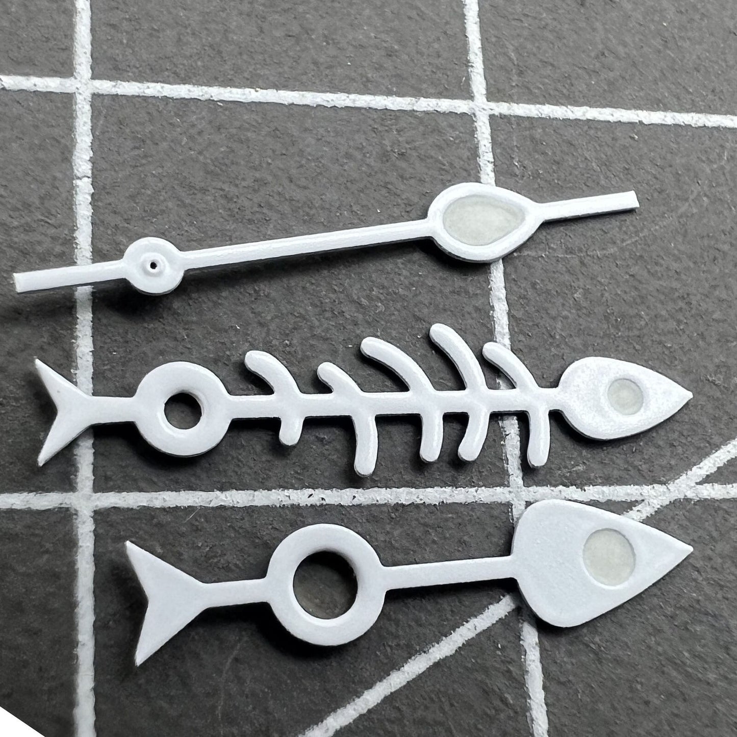 Matted white trim Fish Bone green lume watch hands for NH35 NH36 movement, precise fit.